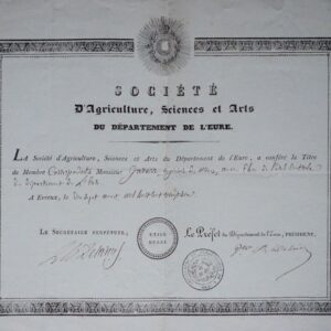 1826 : diplôme de la Société d'Agriculture, Sciences et Arts du département de l'Eure