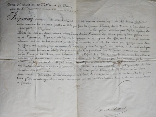 Brevet d'écrivain de la Marine de 1764, pour servir sur les vaisseaux et frégates