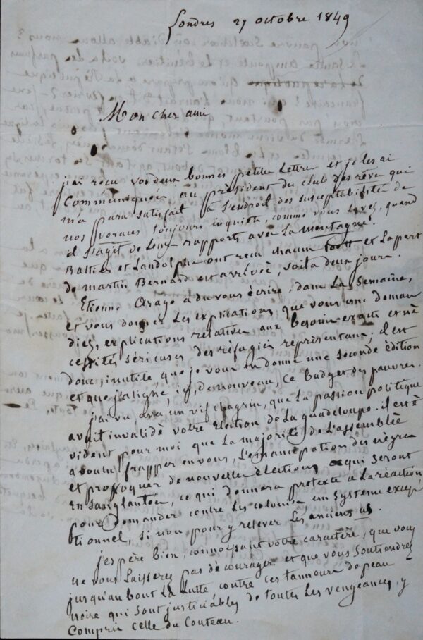 Passionnante lettre d'exil de Ribeyrolles à Victor Schoelcher sur l'abolition de l'esclavage