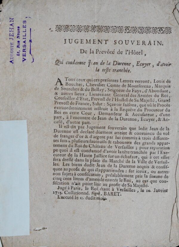 La Durenne décapité pour avoir volé du mobilier au château de Versailles