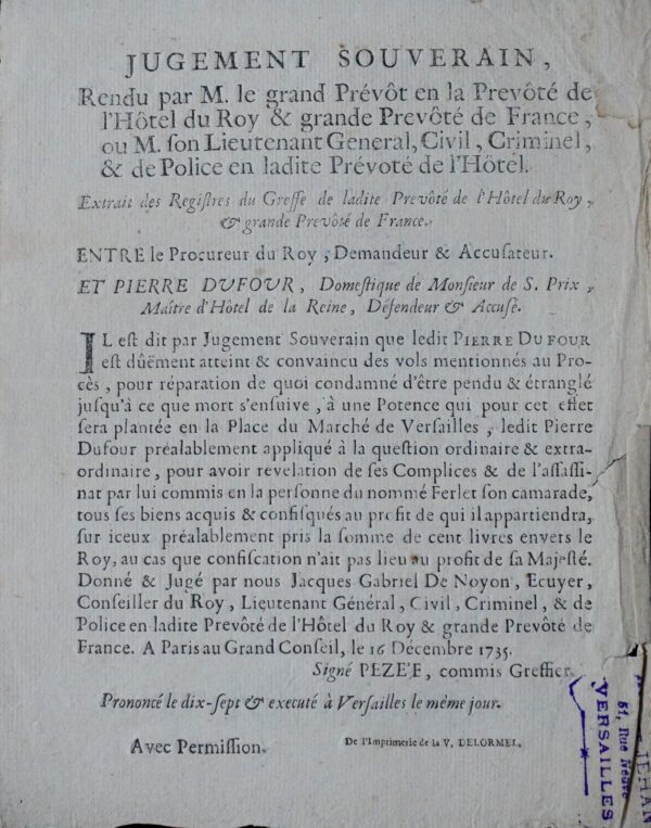 Pierre Dufour condamné à être "pendu & étranglé jusqu'à ce que mort s'ensuive"