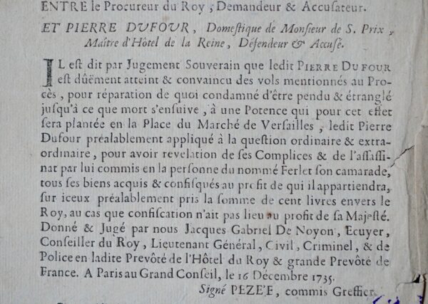 Pierre Dufour condamné à être "pendu & étranglé jusqu'à ce que mort s'ensuive"