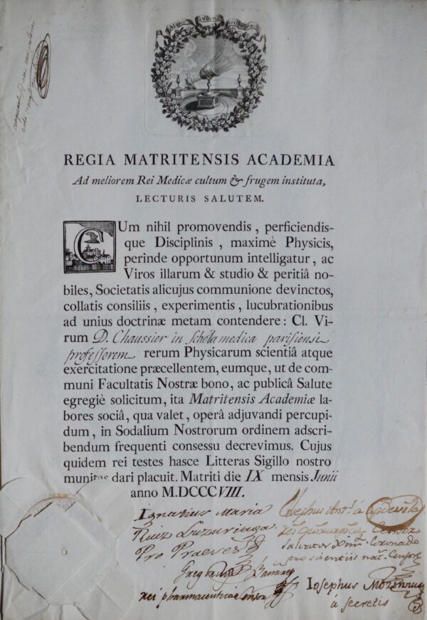 Diplôme de l'Académie Royale de Madrid, décerné à François Chaussier, en 1808
