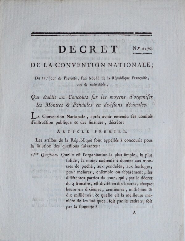 La Convention nationale veut un "concours sur les moyens d'organiser les montres & pendules"