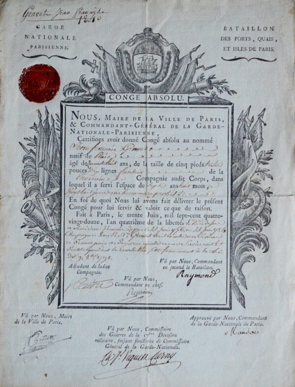 Congé absolu accordé à un fusilier de la Garde nationale de Paris, 1792, signé par Mandat de Grancey