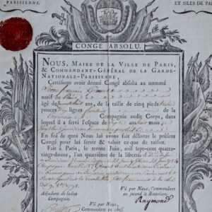 Congé absolu accordé à un fusilier de la Garde nationale de Paris, 1792, signé par Mandat de Grancey