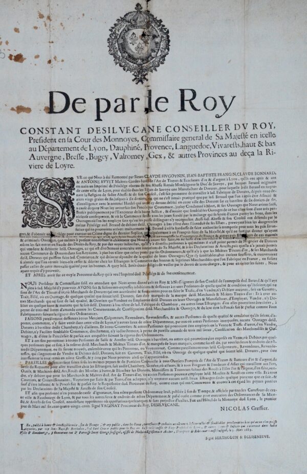 Affiche de 1683 sur les manufactures de dorure à Lyon et en Savoie