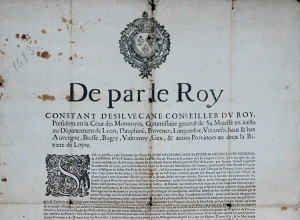 Affiche de 1683 sur les manufactures de dorure à Lyon et en Savoie