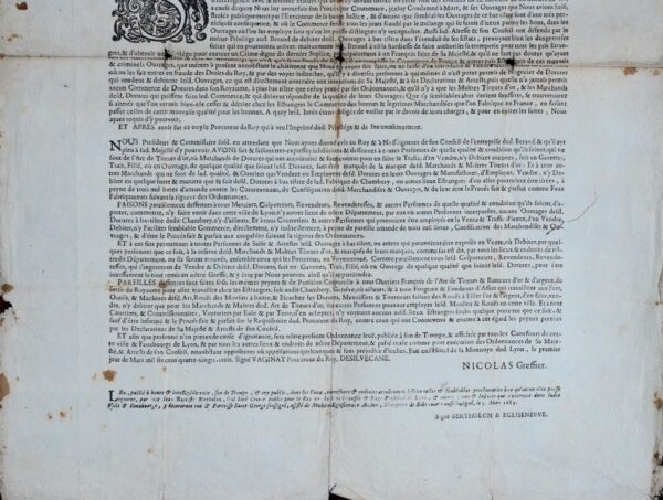 Affiche de 1683 sur les manufactures de dorure à Lyon et en Savoie