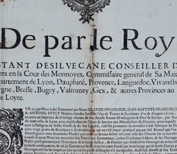 Affiche de 1683 sur les manufactures de dorure à Lyon et en Savoie
