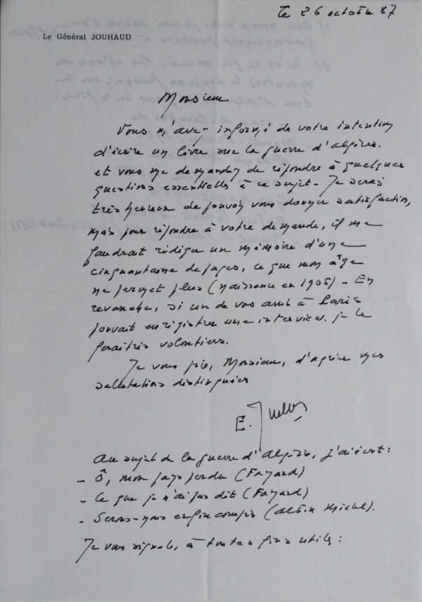 Intéressante lettre du général Jouhaud, consacrée à la guerre d'Algérie
