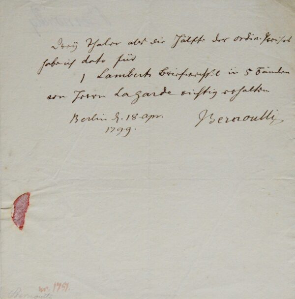 Jean III Bernoulli vend un exemplaire de la correspondance de Jean-Henri Lambert