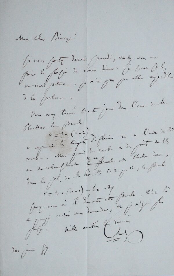 Lettre scientifique de Michel Chasles, à propos de formules mathématiques de Julius Plücker