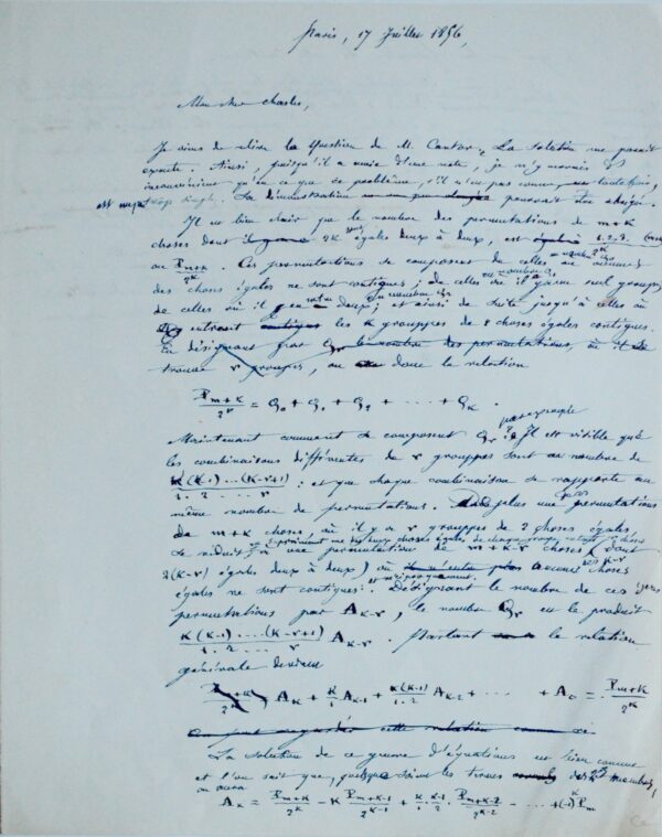 Belle lettre de mathématiques de Bienaymé à Michel Chasles, au sujet de la formule de Cantor