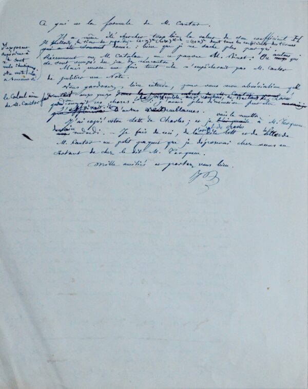 Belle lettre de mathématiques de Bienaymé à Michel Chasles, au sujet de la formule de Cantor