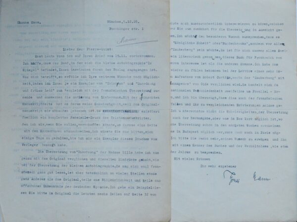 Belle lettre littéraire de Thomas Mann, sur les traductions françaises de ses ouvrages