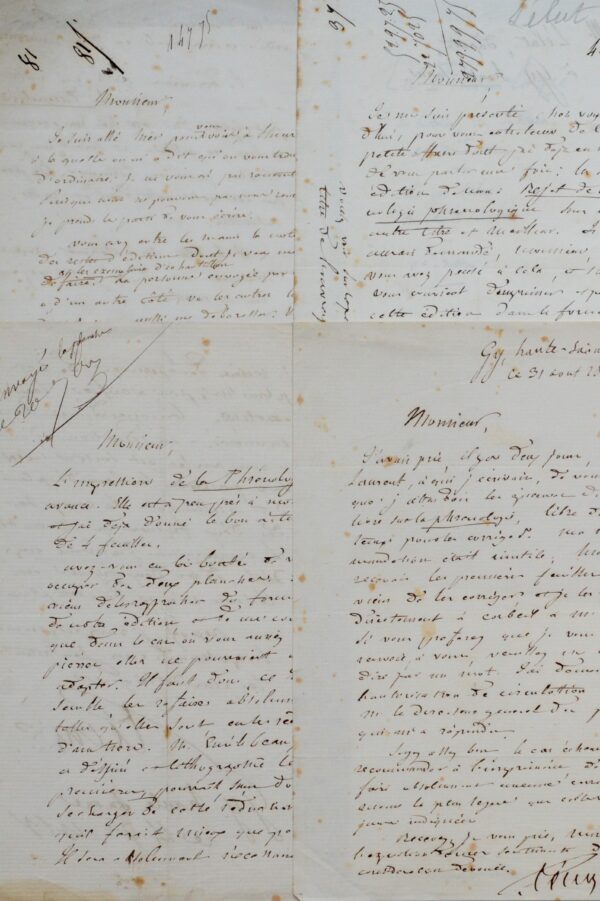 Ensemble de 4 lettres du médecin Lélut relatives à la réédition de son ouvrage sur la phrénologie