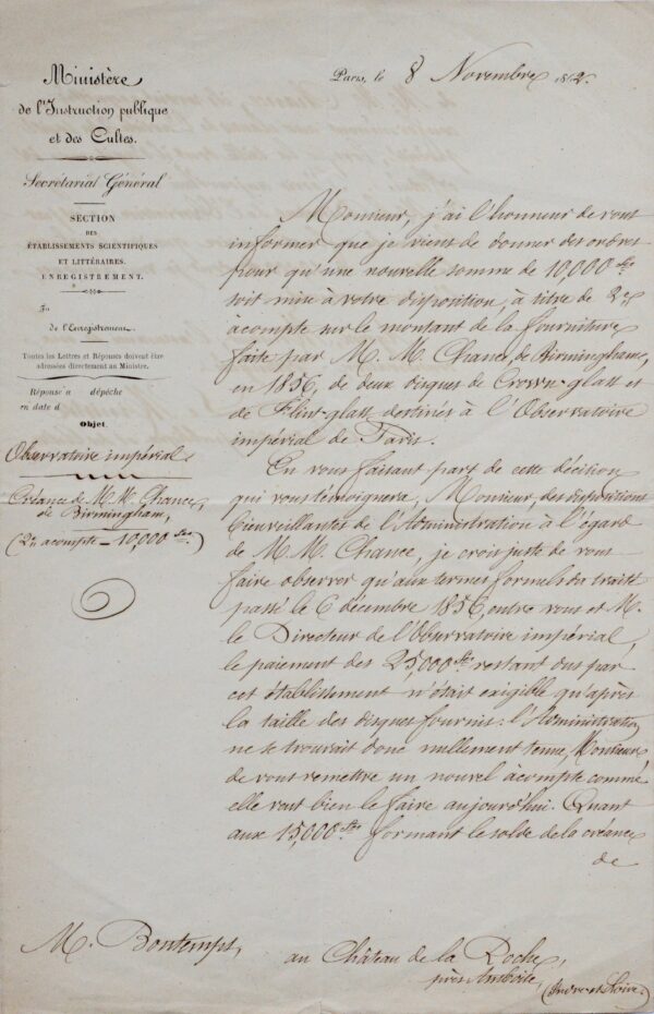 Commande de verres spéciaux pour les télescopes de l'Observatoire impérial