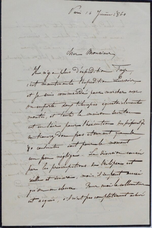 Belle lettre de Léon Foucault sur le télescope de 80 cm commandé à Georges Bontemps