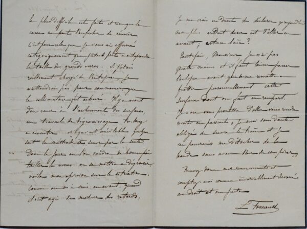 Belle lettre de Léon Foucault sur le télescope de 80 cm commandé à Georges Bontemps