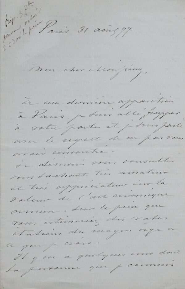 Eugène Cicéri dessine un vase italien du moyen-âge en vue d'une estimation
