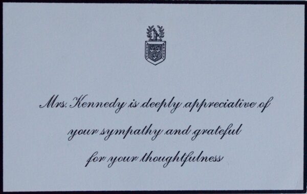 Carte de deuil de Jackie Kennedy pour la mort de JFK