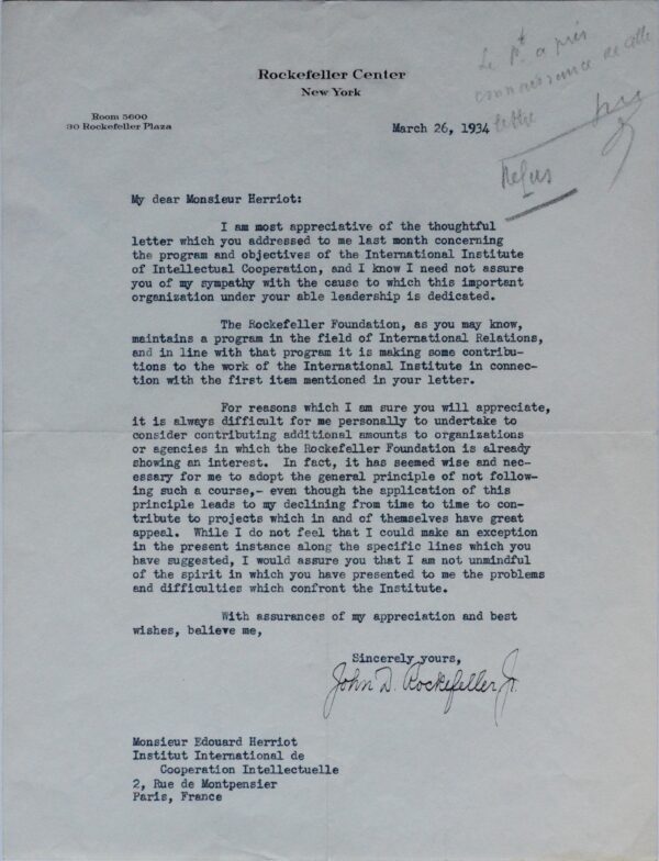 Lettre de John D. Rockefeller à Edouard Herriot sur l'Institut International de Coopération Intellectuelle