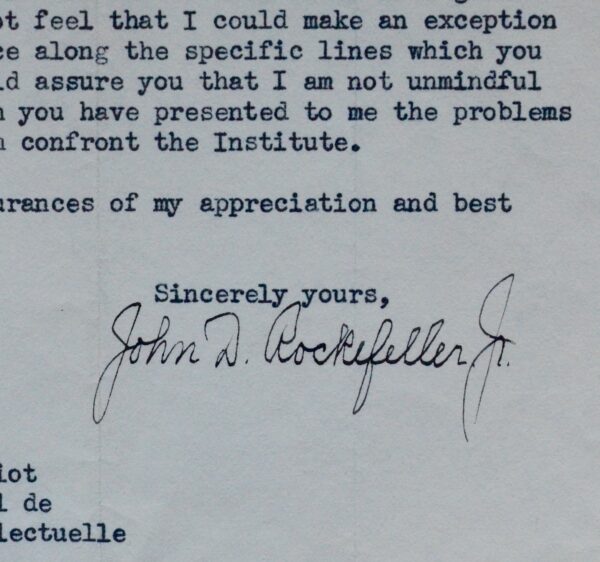 Lettre de John D. Rockefeller à Edouard Herriot sur l'Institut International de Coopération Intellectuelle