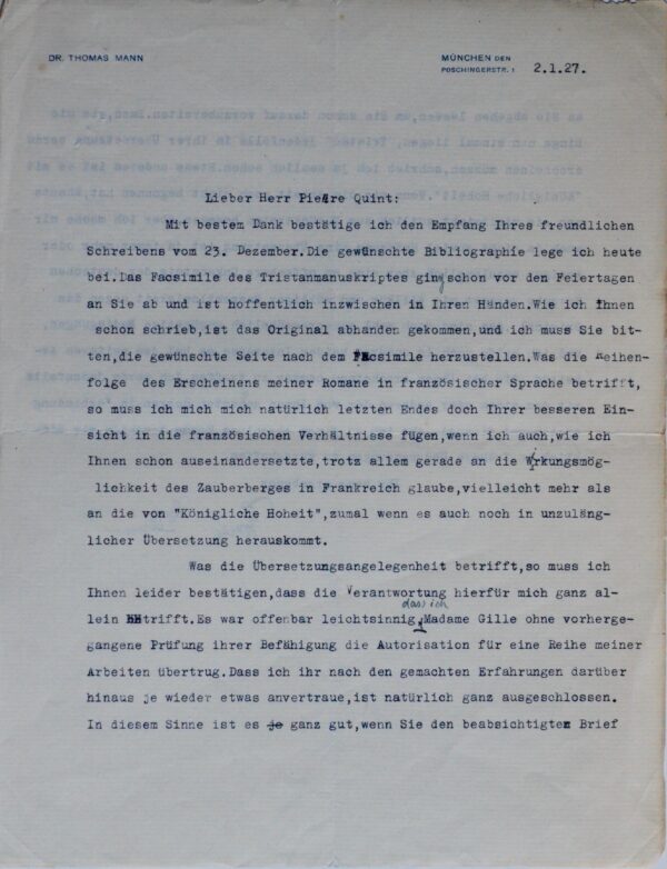 Thomas Mann se plaint de la mauvaise traduction française de Tristan
