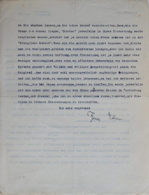 Thomas Mann se plaint de la mauvaise traduction française de Tristan