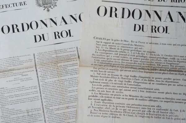 Deux affiches des "ordonnances de Saint-Cloud", prélude à la Révolution de 1830