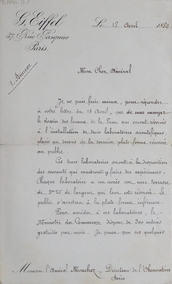 Superbe lettre de Gustave Eiffel sur laboratoires scientifiques de la Tour Eiffel
