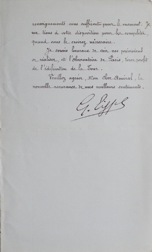 Superbe lettre de Gustave Eiffel sur laboratoires scientifiques de la Tour Eiffel