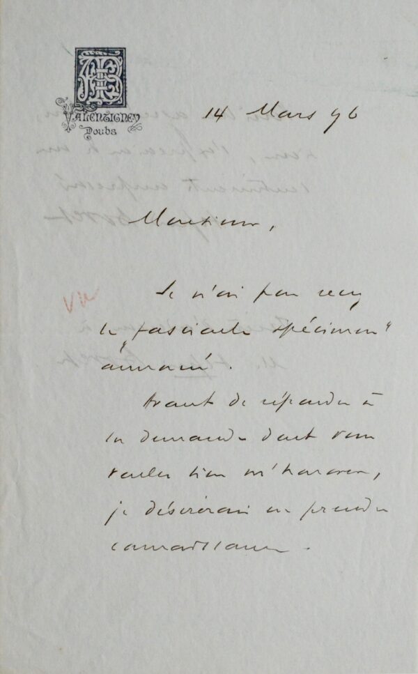Lettre d'Alfred Bovet, le plus grand collectionneur d'autographes du XIXe s.
