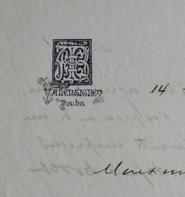 Lettre d'Alfred Bovet, le plus grand collectionneur d'autographes du XIXe s.