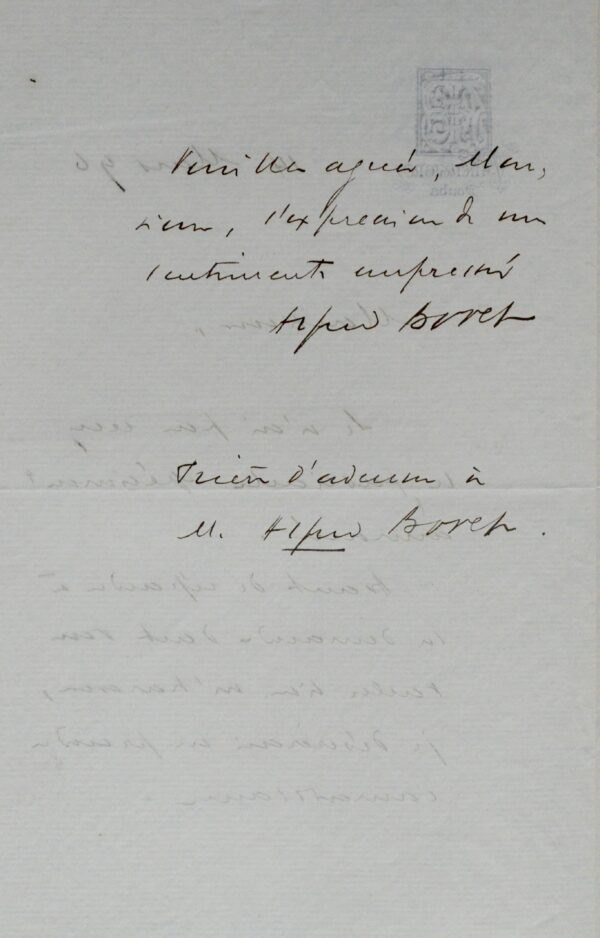 Lettre d'Alfred Bovet, le plus grand collectionneur d'autographes du XIXe s.