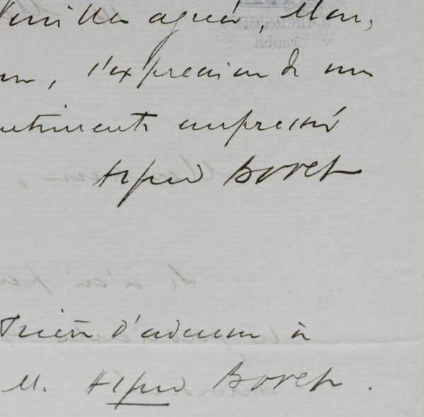 Lettre d'Alfred Bovet, le plus grand collectionneur d'autographes du XIXe s.