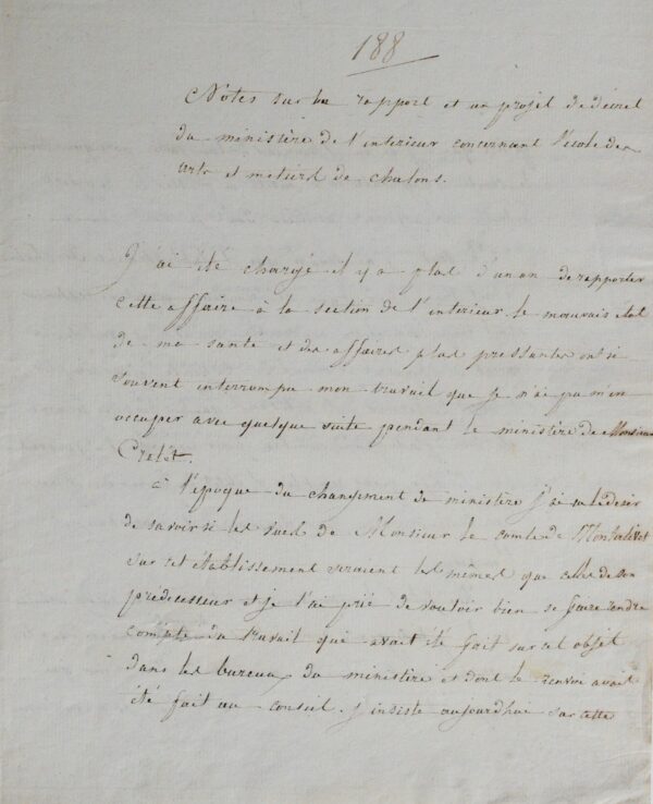 Manuscrit sur l'École des Arts et métiers de Châlons, au moment de sa création en 1806