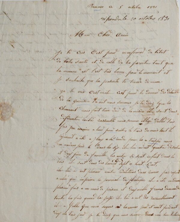 Félix Cordier, artillerieur, relate la contre-révolution à Rennes