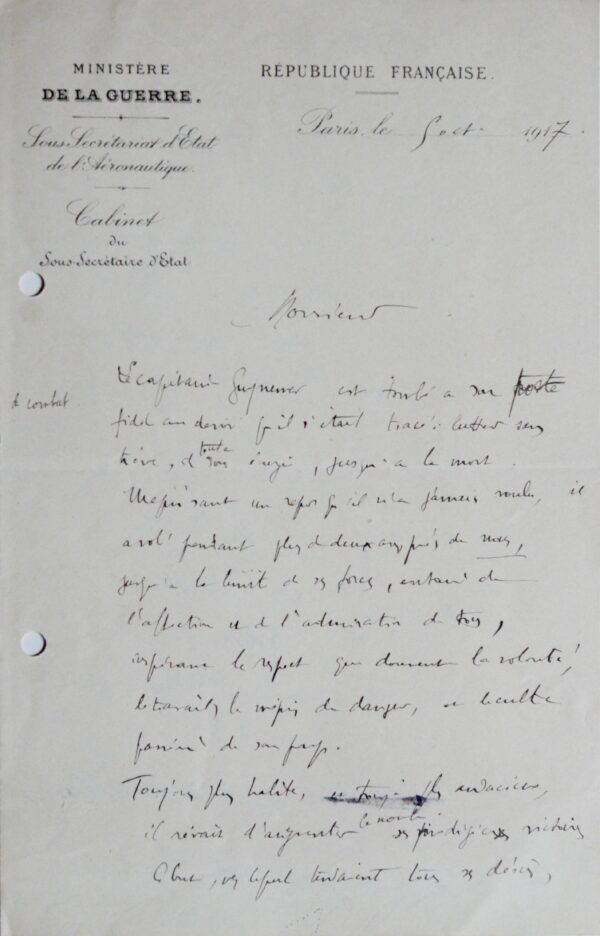 Bel éloge de Georges Guynemer par le commandant de l'Escadrille des cigognes