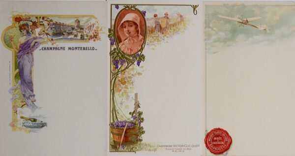 Trois menus vierges de célèbres maisons de Champagne : Moët & Chandon, Clicquot et Montebello