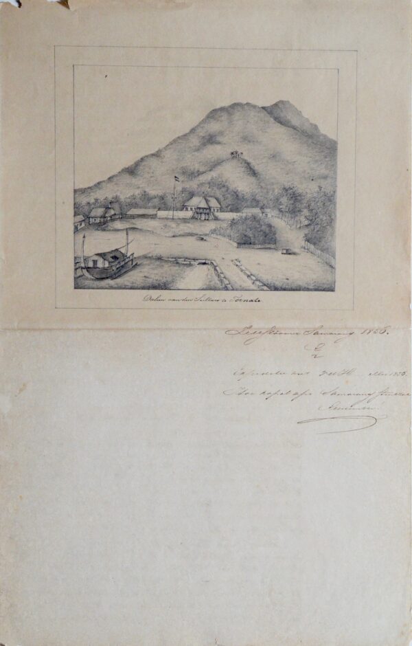 Feuillet du journal de bord d'un navire hollandais illustré d'une vue de Ternate, en Indonésie