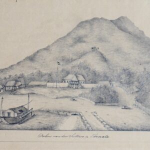 Feuillet du journal de bord d'un navire hollandais illustré d'une vue de Ternate, en Indonésie