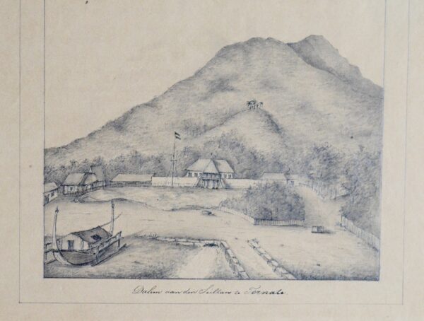 Feuillet du journal de bord d'un navire hollandais illustré d'une vue de Ternate, en Indonésie