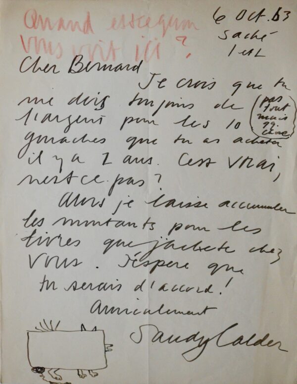 Lettre illustrée de Calder à propos d'une dette pour dix gouaches