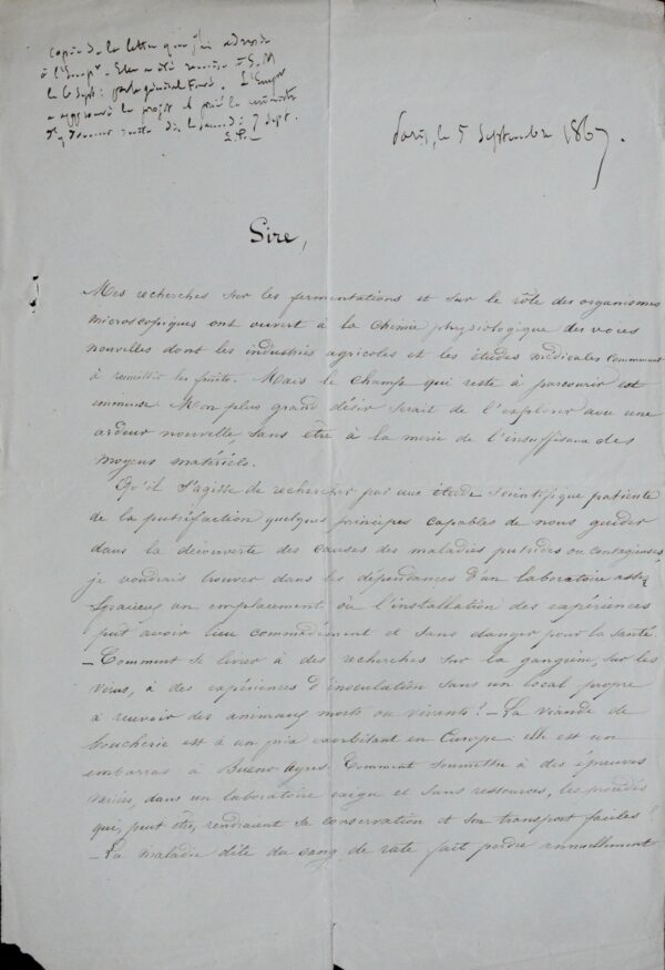 Très importante lettre de Pasteur à Napoléon III sur ses recherches et son laboratoire