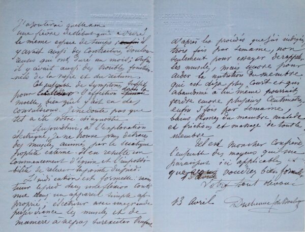 Rare lettre scientifique du fondateur de la neurologie Duchenne de Boulogne