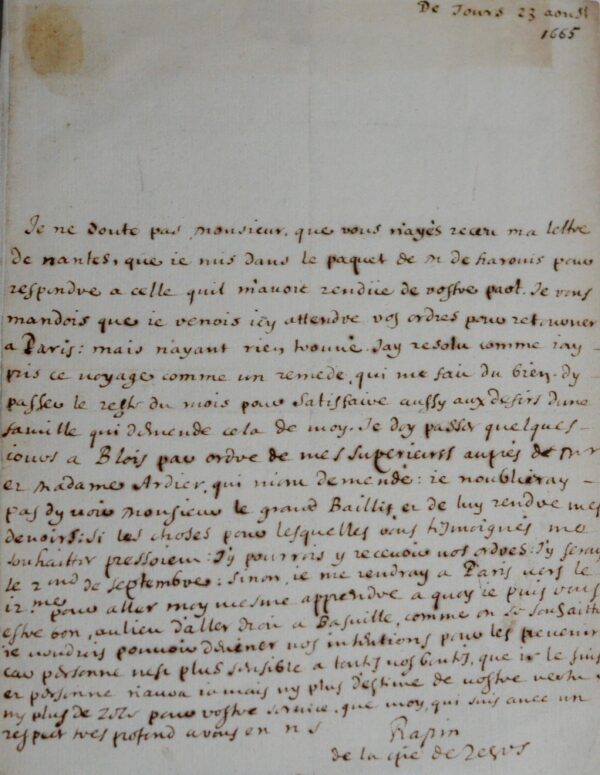Rare lettre de 1665 du poète et historien René Rapin (Renatus Rapinus)
