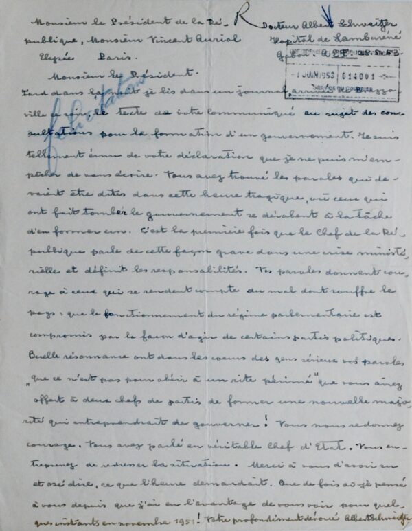 Belle lettre d'Albert Schweitzer, au président de la République Vincent Auriol