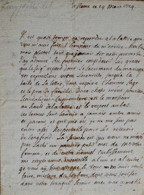 L'abbé François Sanguin de Livry, à Rome, donne des nouvelles de la reine de pologne Marie-Casimire